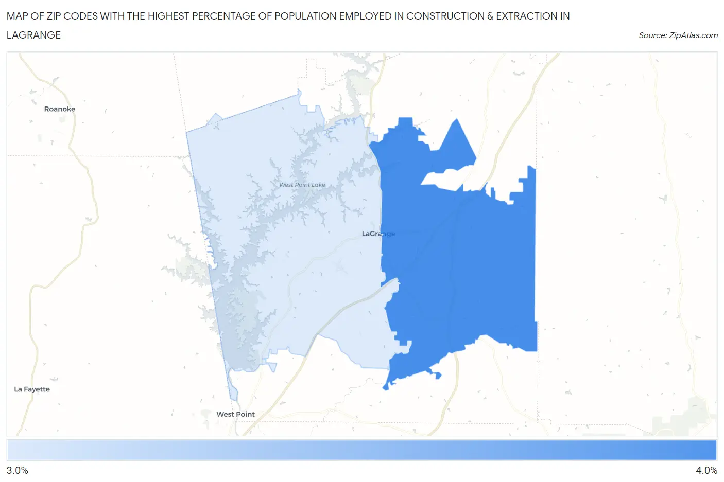 Zip Codes with the Highest Percentage of Population Employed in Construction & Extraction in Lagrange Map