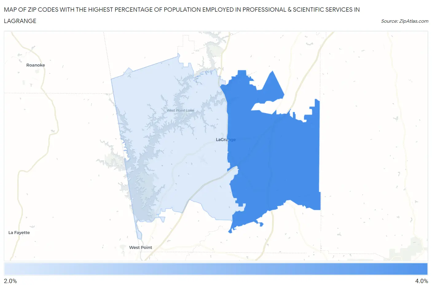 Zip Codes with the Highest Percentage of Population Employed in Professional & Scientific Services in Lagrange Map