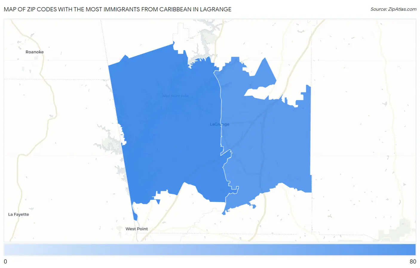 Zip Codes with the Most Immigrants from Caribbean in Lagrange Map