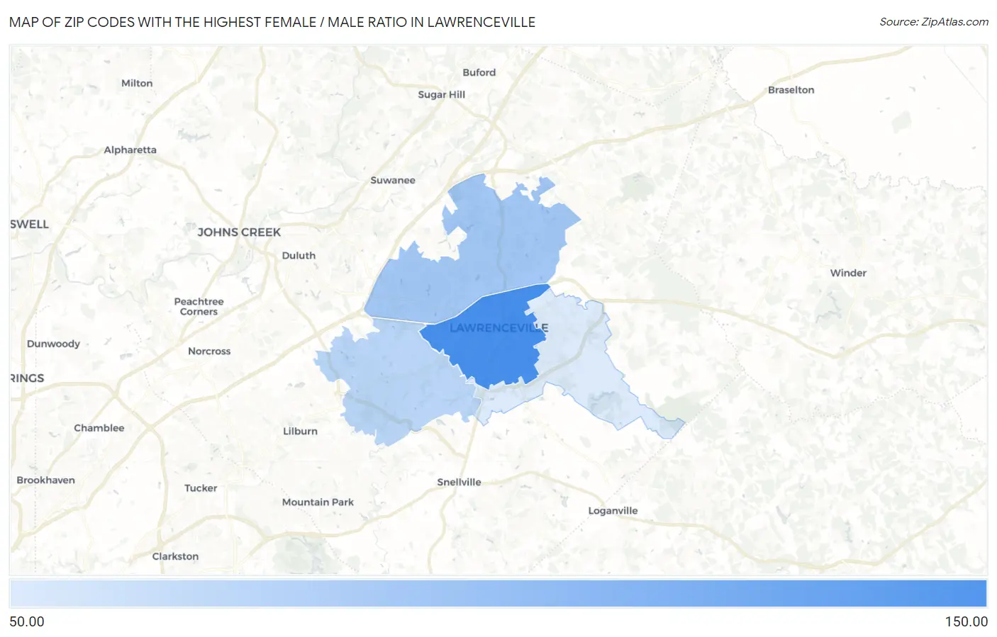 Zip Codes with the Highest Female / Male Ratio in Lawrenceville Map