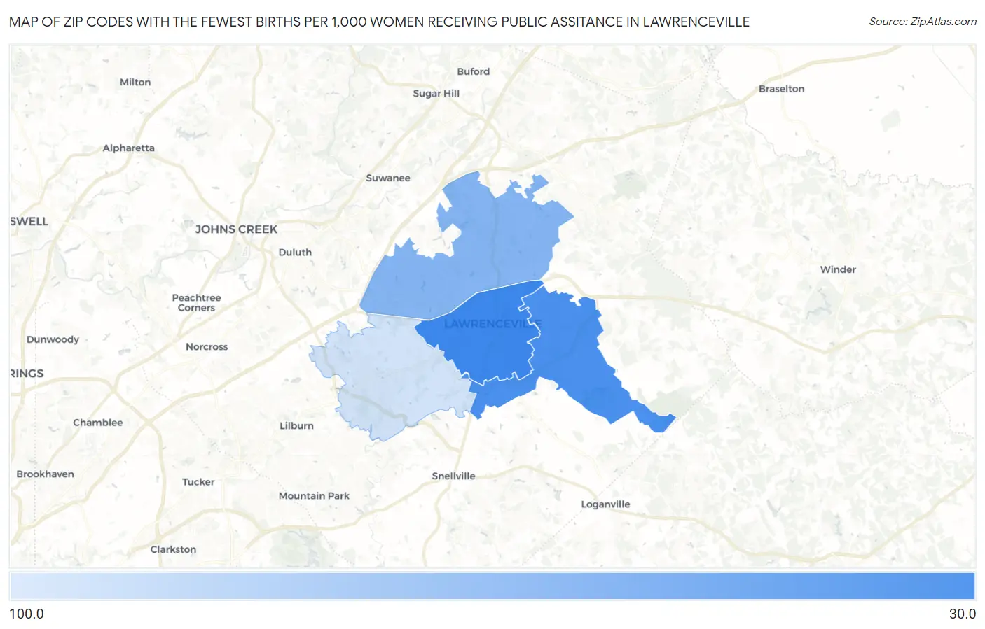 Zip Codes with the Fewest Births per 1,000 Women Receiving Public Assitance in Lawrenceville Map