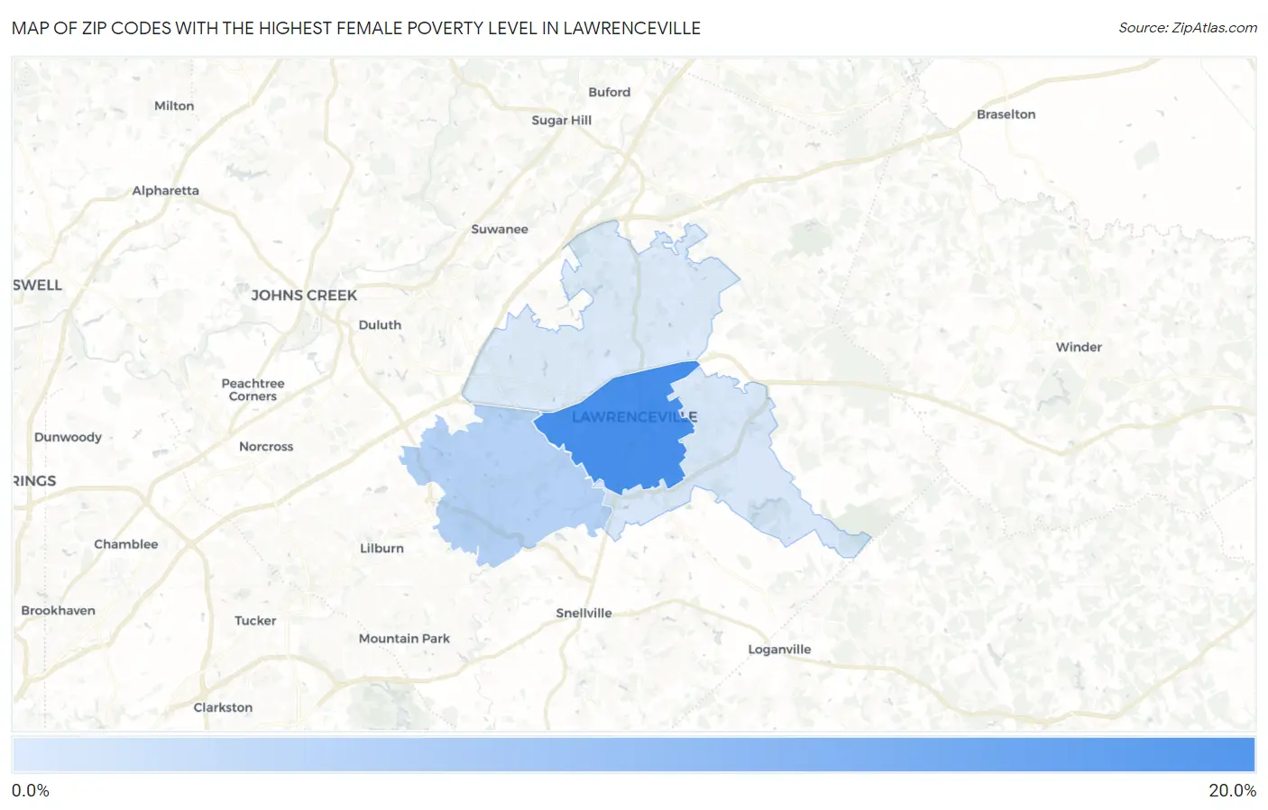 Zip Codes with the Highest Female Poverty Level in Lawrenceville Map