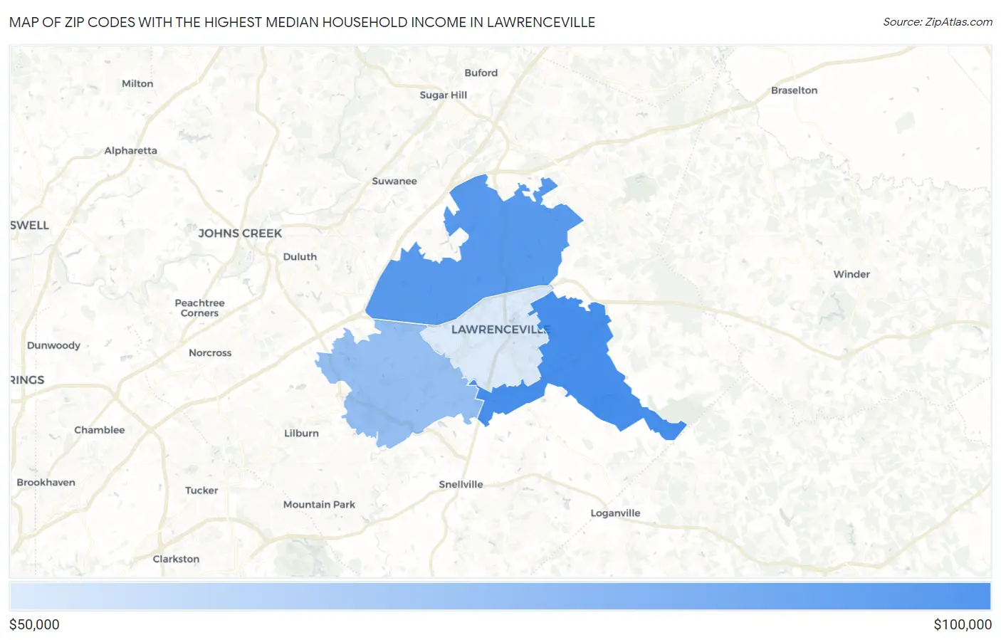 Zip Codes with the Highest Median Household Income in Lawrenceville Map