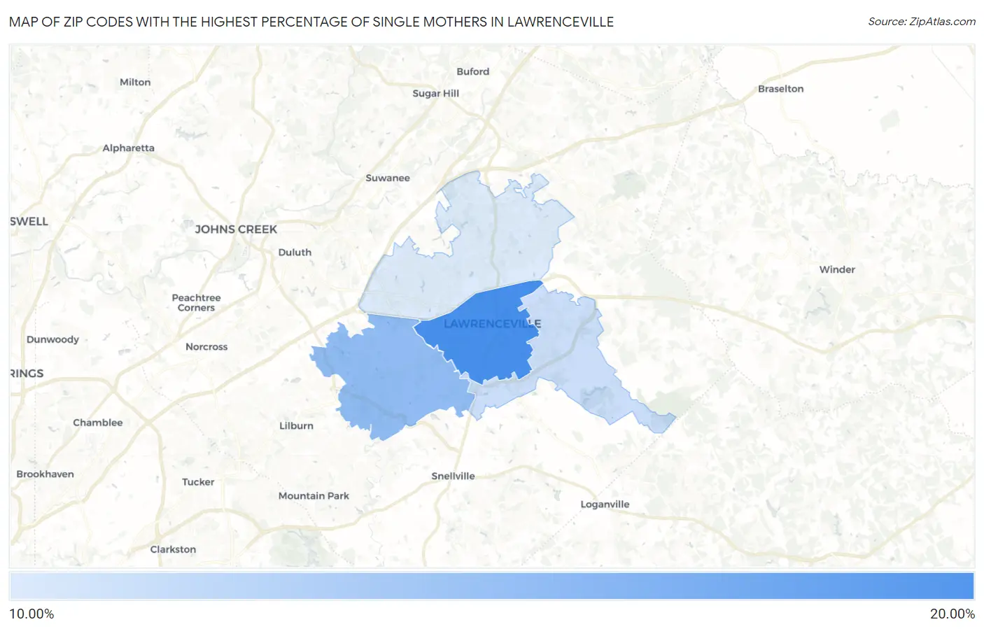 Zip Codes with the Highest Percentage of Single Mothers in Lawrenceville Map