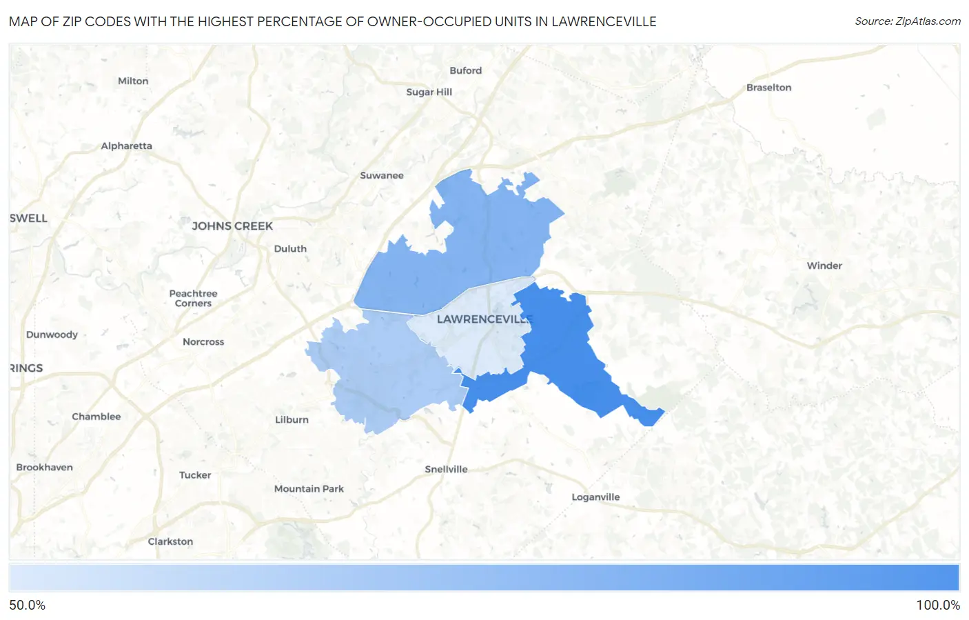 Zip Codes with the Highest Percentage of Owner-Occupied Units in Lawrenceville Map