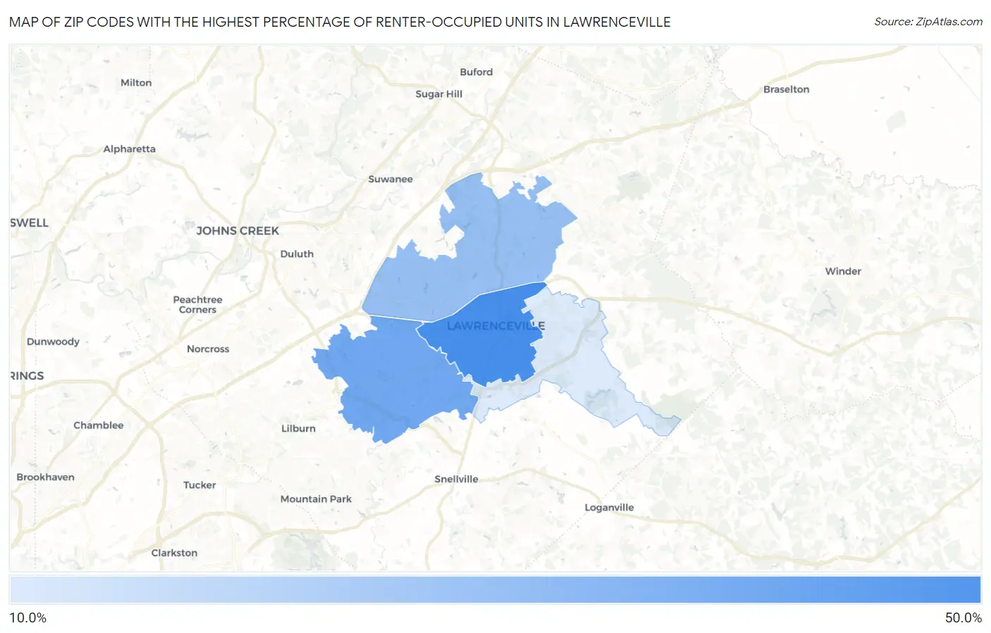Zip Codes with the Highest Percentage of Renter-Occupied Units in Lawrenceville Map