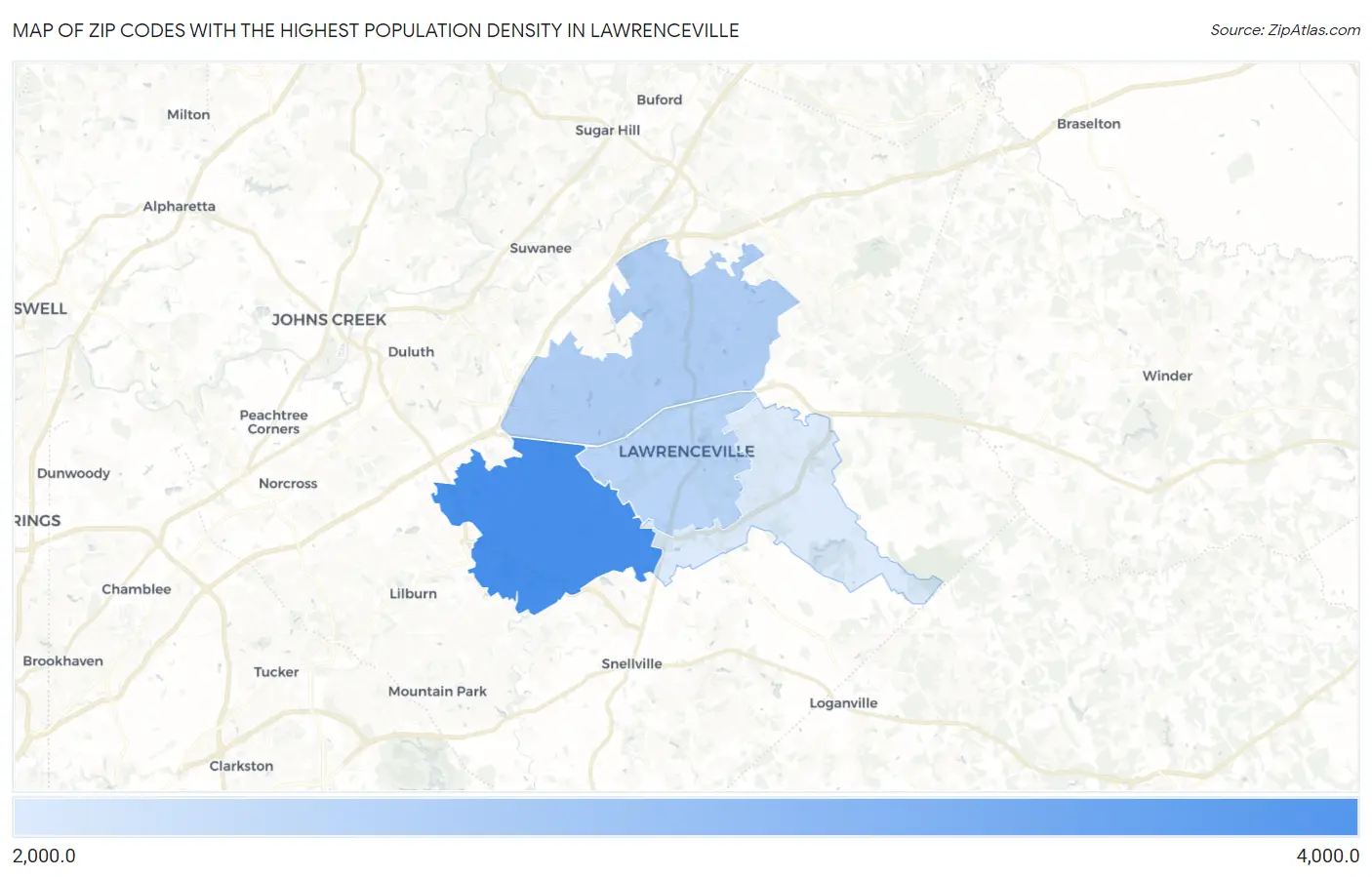 Zip Codes with the Highest Population Density in Lawrenceville Map