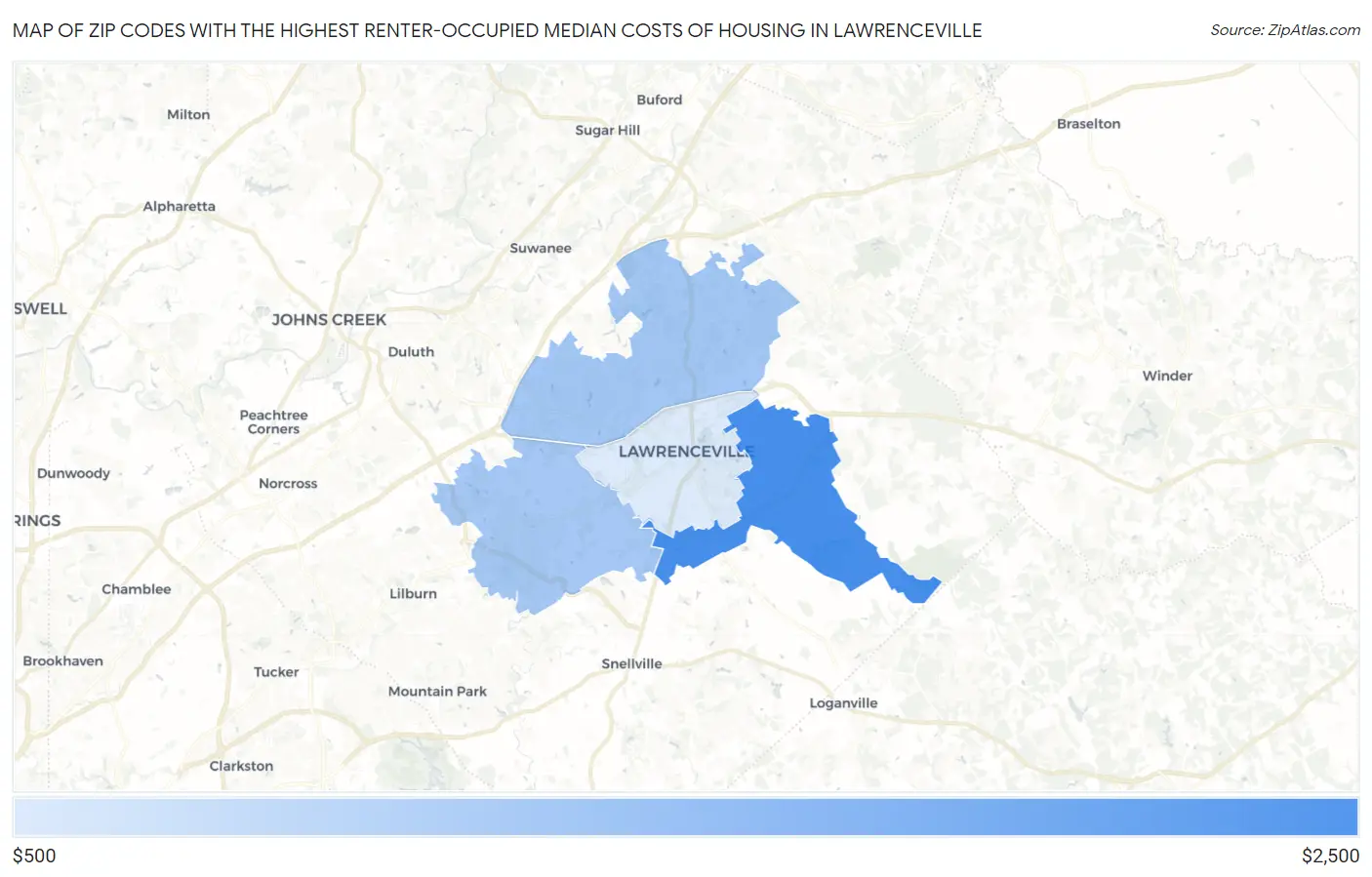 Zip Codes with the Highest Renter-Occupied Median Costs of Housing in Lawrenceville Map