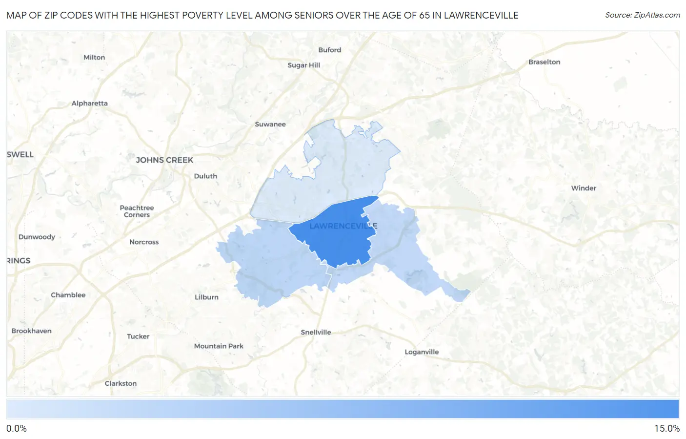 Zip Codes with the Highest Poverty Level Among Seniors Over the Age of 65 in Lawrenceville Map
