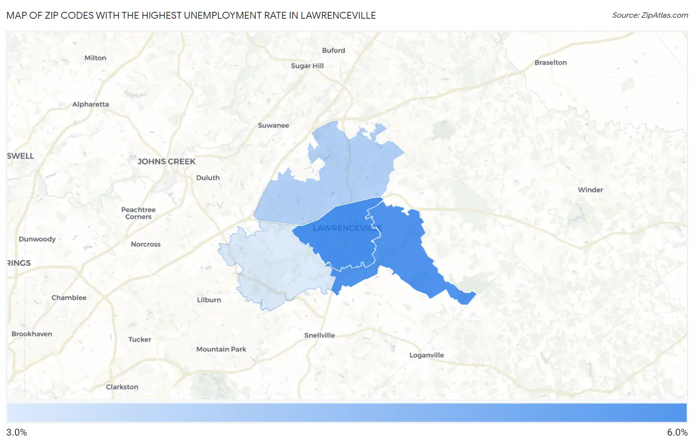 Zip Codes with the Highest Unemployment Rate in Lawrenceville Map