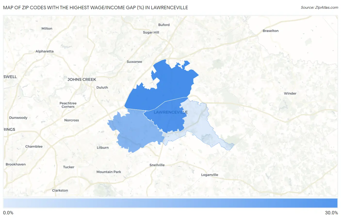 Zip Codes with the Highest Wage/Income Gap (%) in Lawrenceville Map