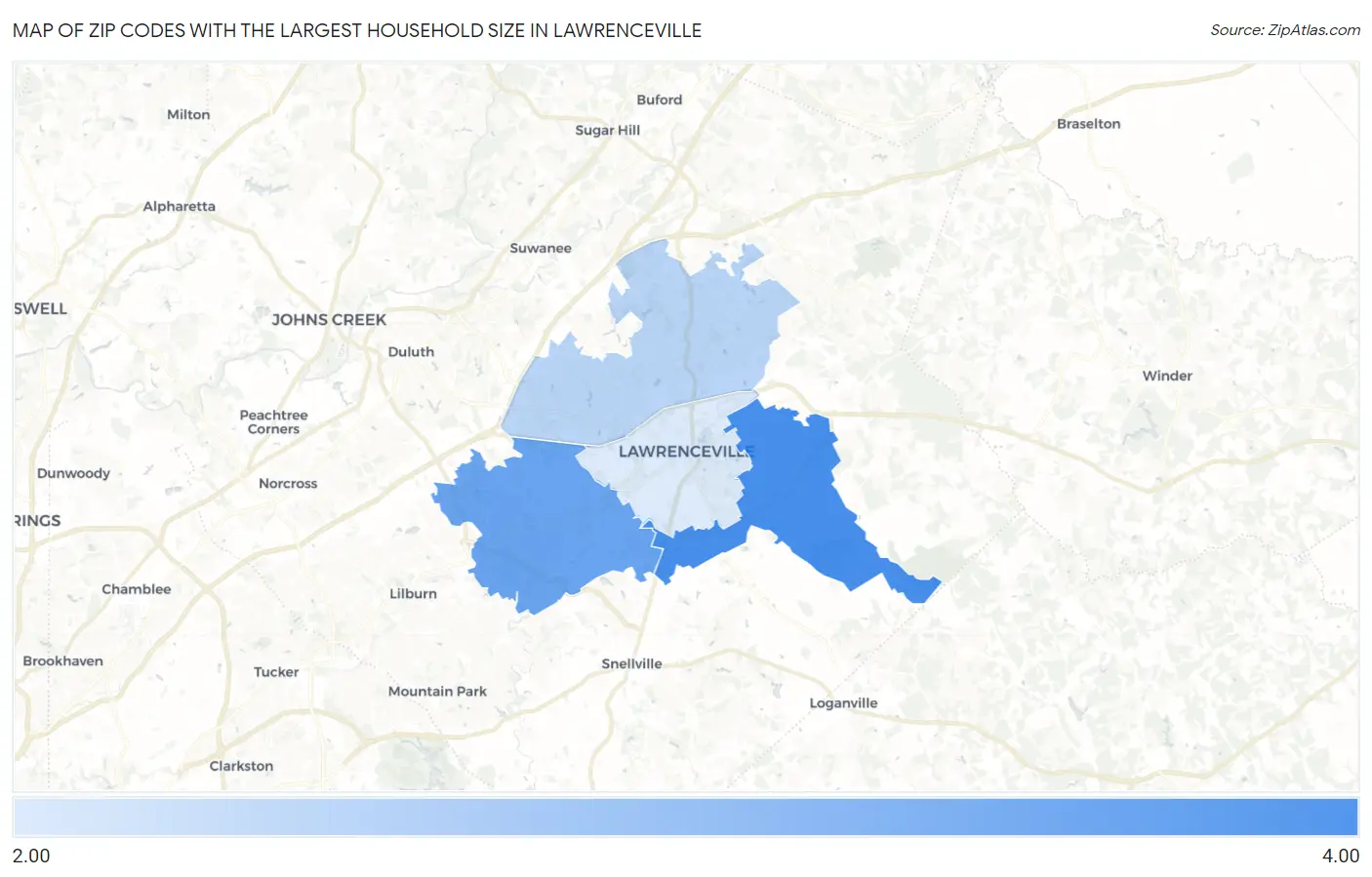 Zip Codes with the Largest Household Size in Lawrenceville Map