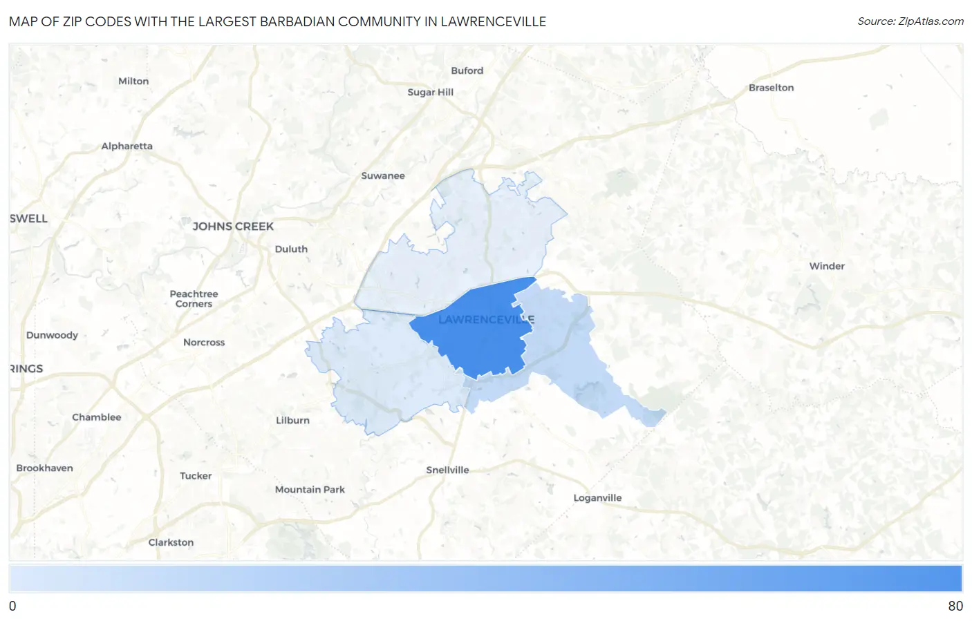 Zip Codes with the Largest Barbadian Community in Lawrenceville Map