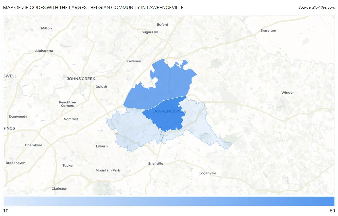 Zip Codes with the Largest Belgian Community in Lawrenceville Map