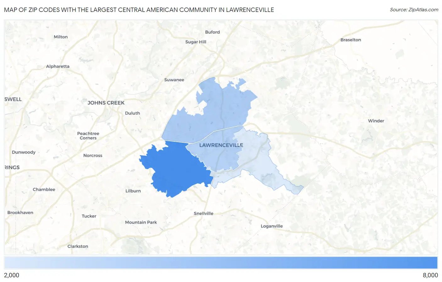 Zip Codes with the Largest Central American Community in Lawrenceville Map