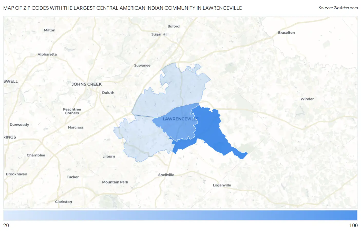 Zip Codes with the Largest Central American Indian Community in Lawrenceville Map
