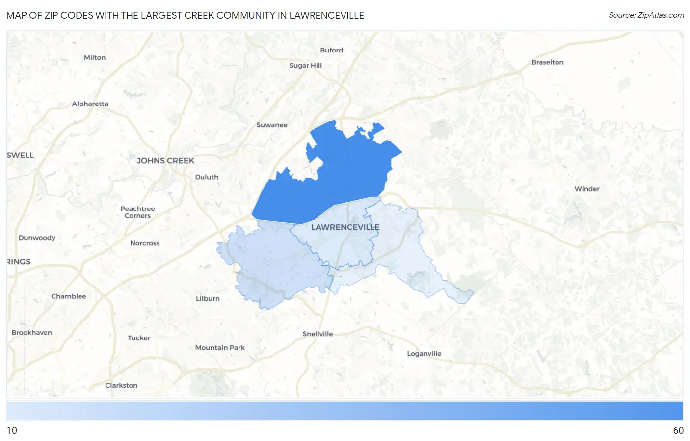 Zip Codes with the Largest Creek Community in Lawrenceville Map