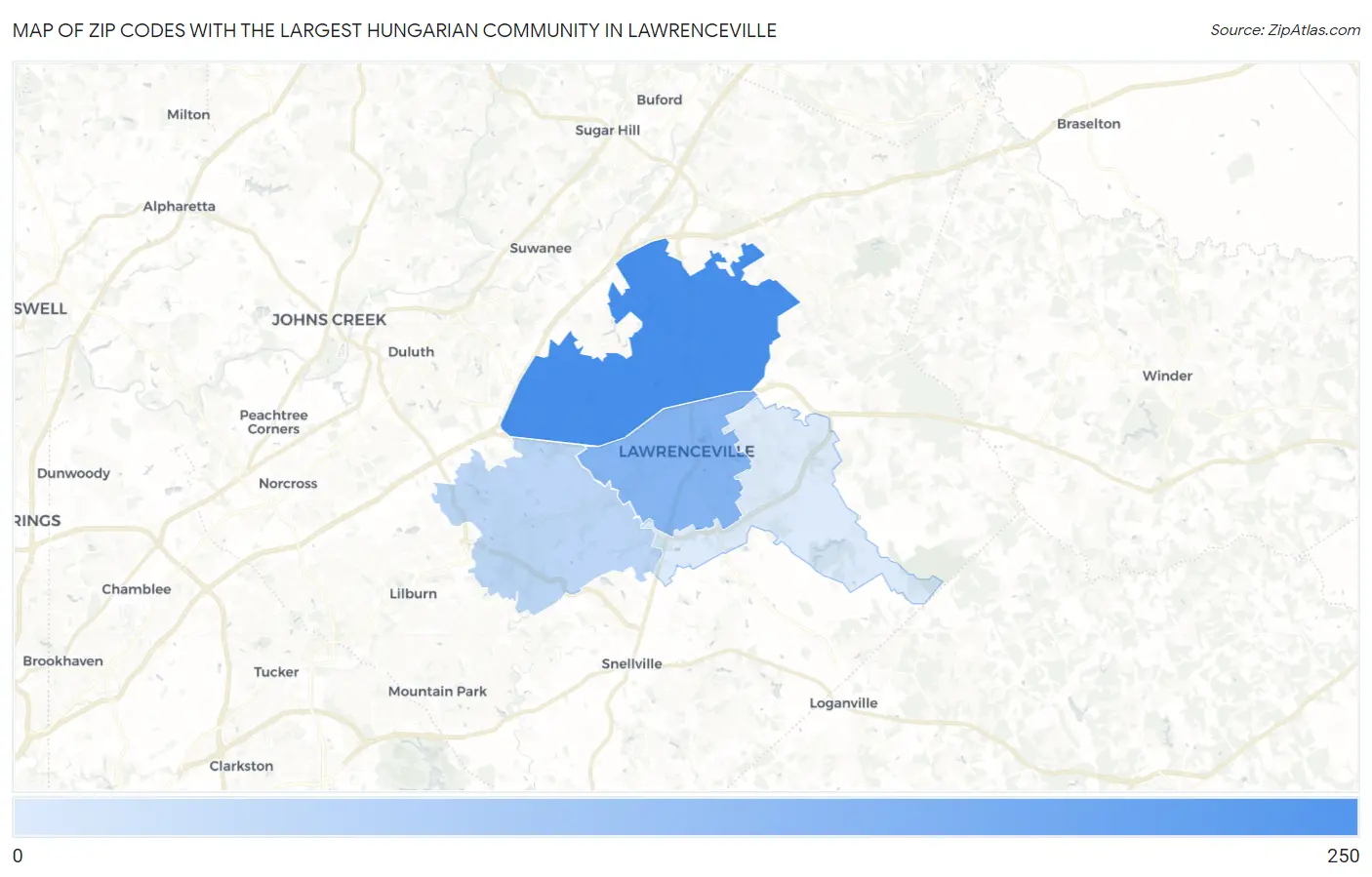 Zip Codes with the Largest Hungarian Community in Lawrenceville Map