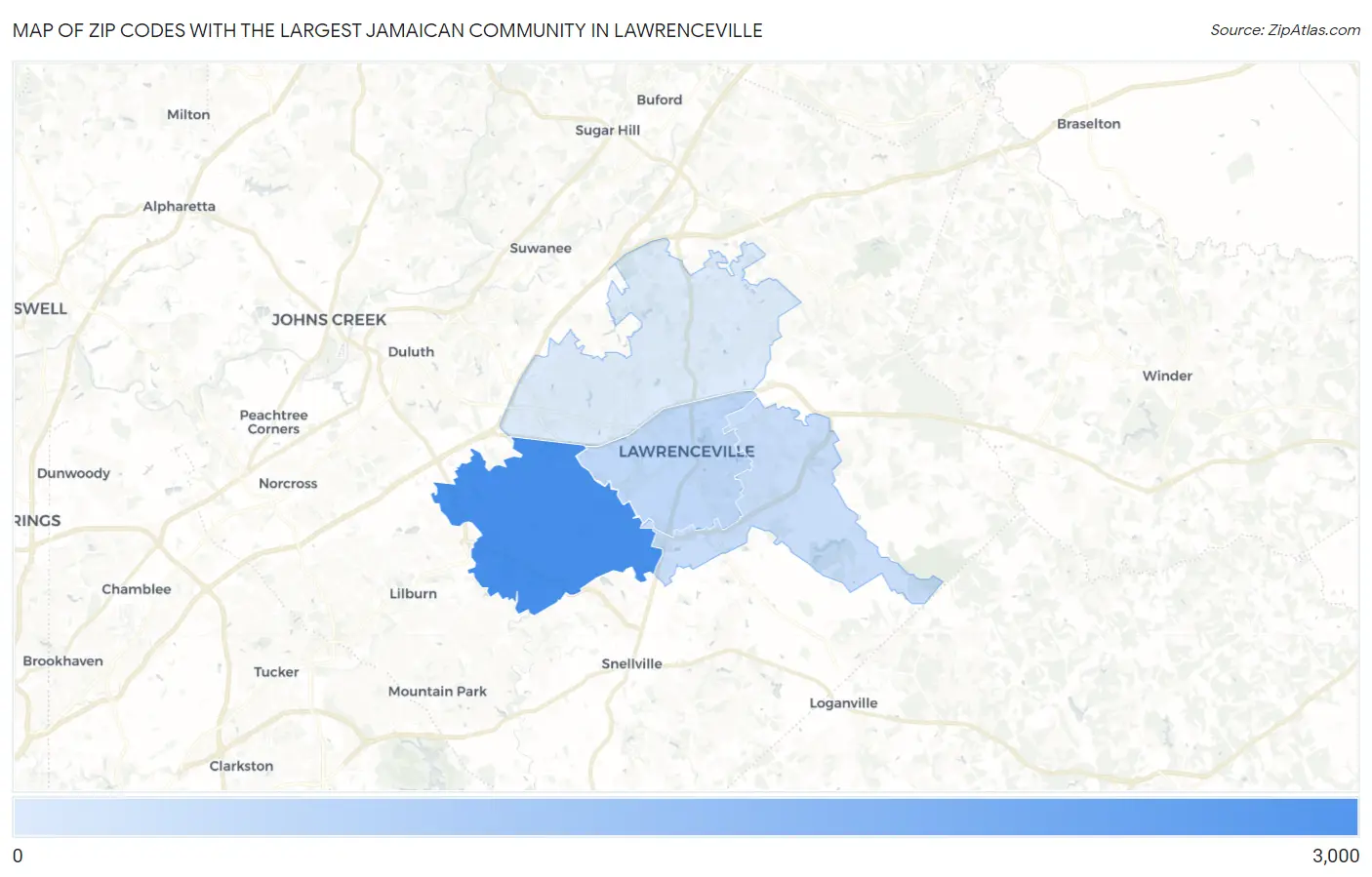 Zip Codes with the Largest Jamaican Community in Lawrenceville Map