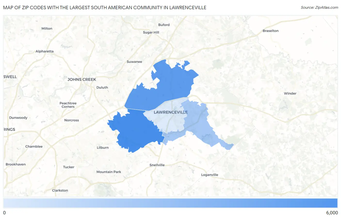 Zip Codes with the Largest South American Community in Lawrenceville Map