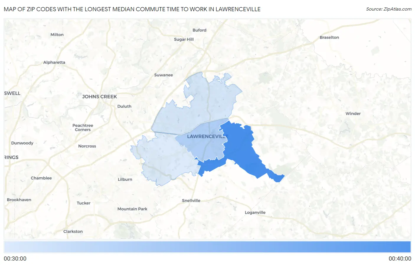 Zip Codes with the Longest Median Commute Time to Work in Lawrenceville Map