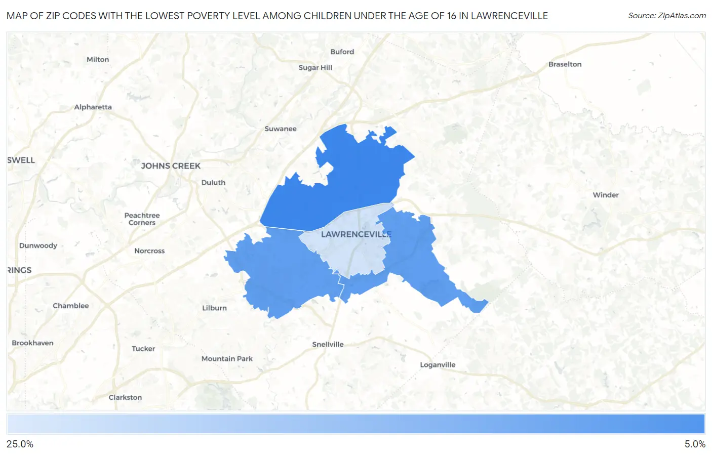 Zip Codes with the Lowest Poverty Level Among Children Under the Age of 16 in Lawrenceville Map