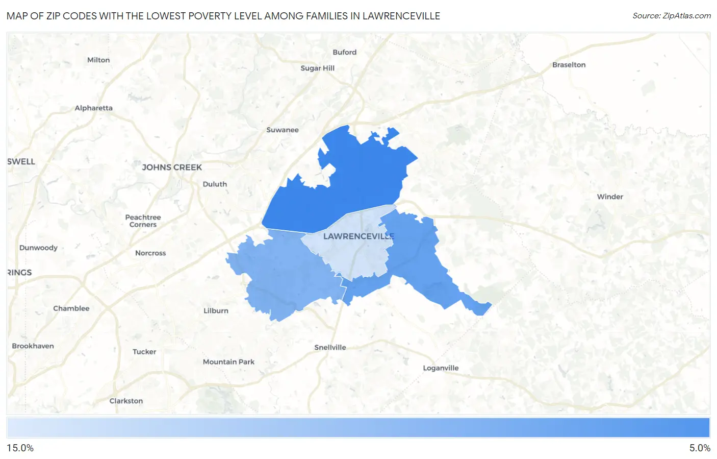 Zip Codes with the Lowest Poverty Level Among Families in Lawrenceville Map