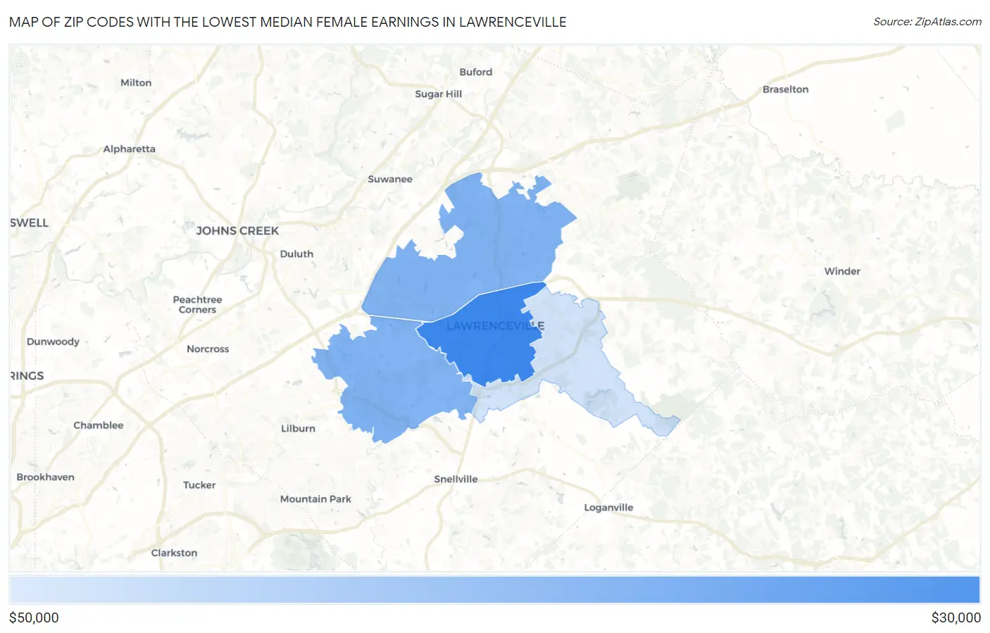 Zip Codes with the Lowest Median Female Earnings in Lawrenceville Map