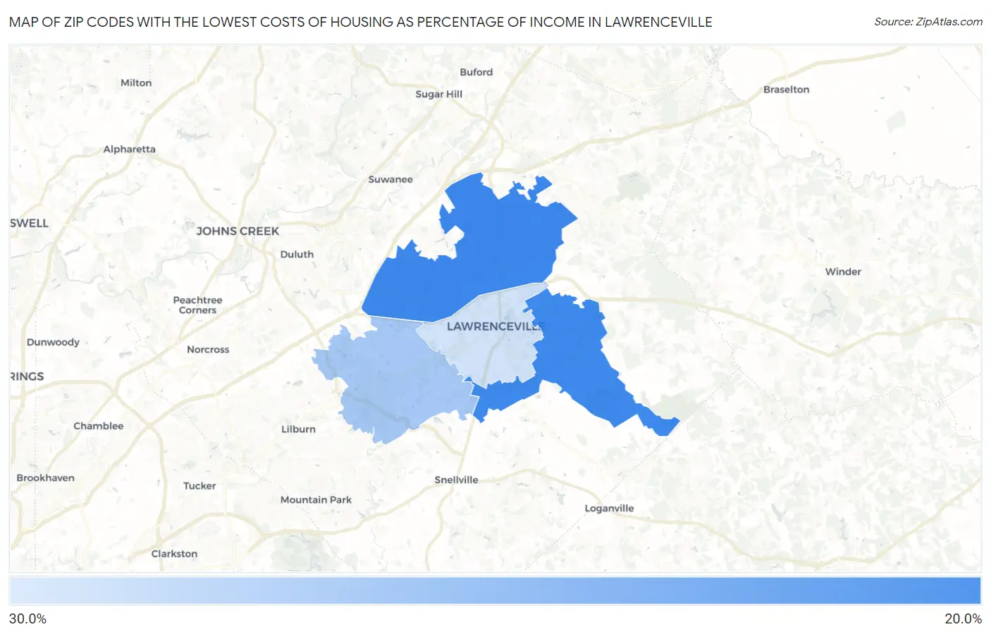 Zip Codes with the Lowest Costs of Housing as Percentage of Income in Lawrenceville Map