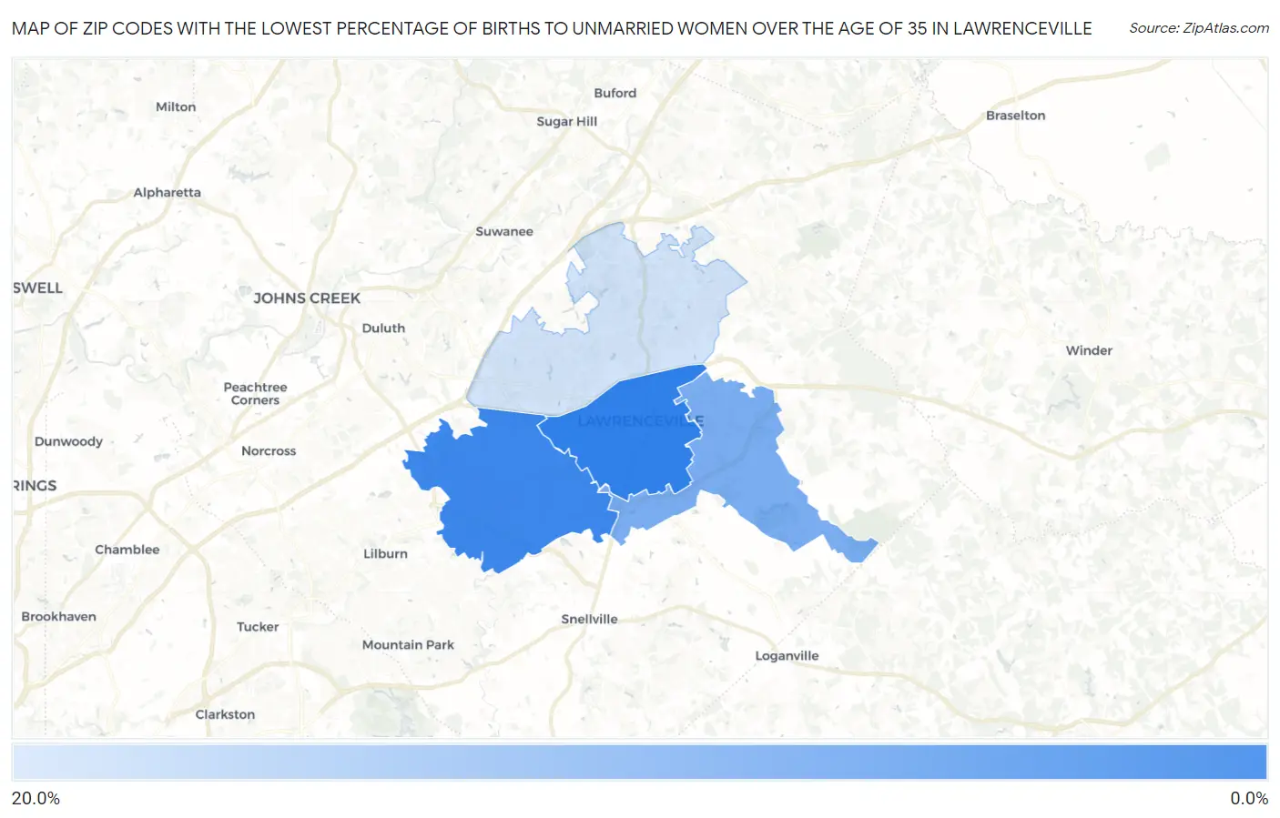 Zip Codes with the Lowest Percentage of Births to Unmarried Women over the Age of 35 in Lawrenceville Map