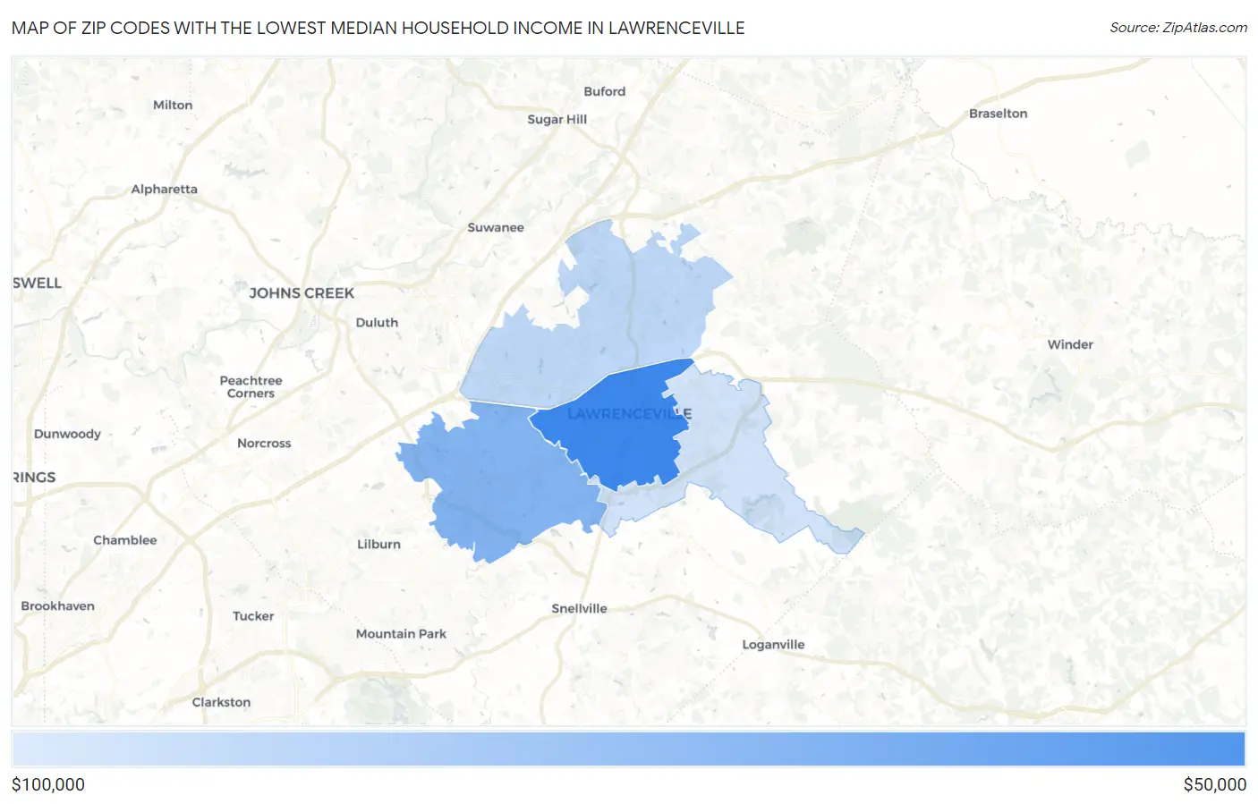 Zip Codes with the Lowest Median Household Income in Lawrenceville Map