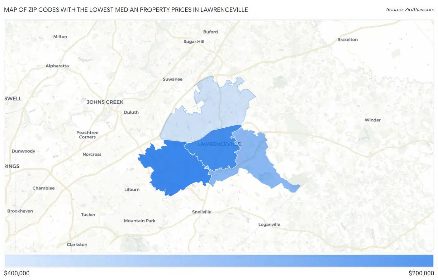 Zip Codes with the Lowest Median Property Prices in Lawrenceville Map
