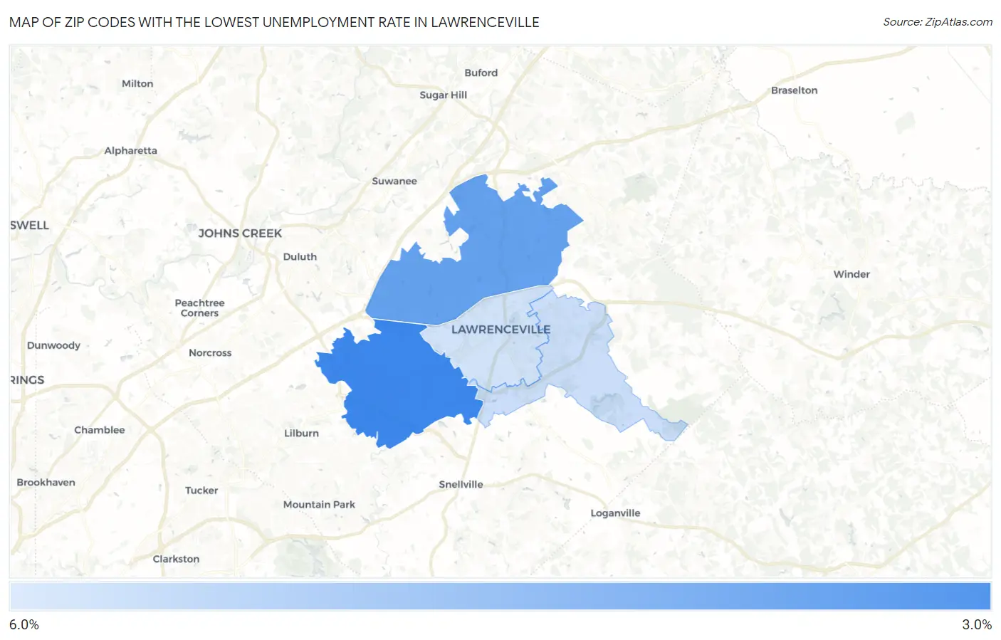 Zip Codes with the Lowest Unemployment Rate in Lawrenceville Map