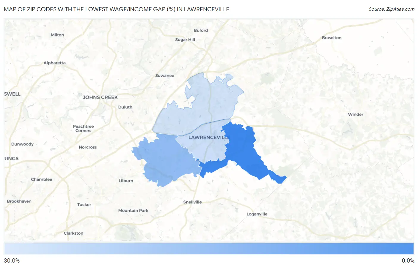 Zip Codes with the Lowest Wage/Income Gap (%) in Lawrenceville Map
