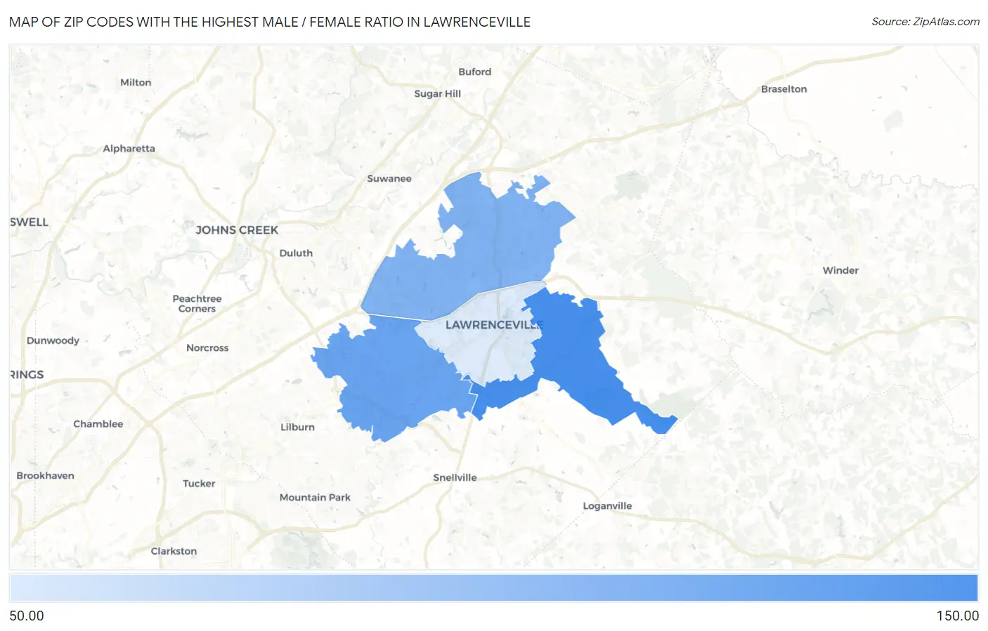Zip Codes with the Highest Male / Female Ratio in Lawrenceville Map
