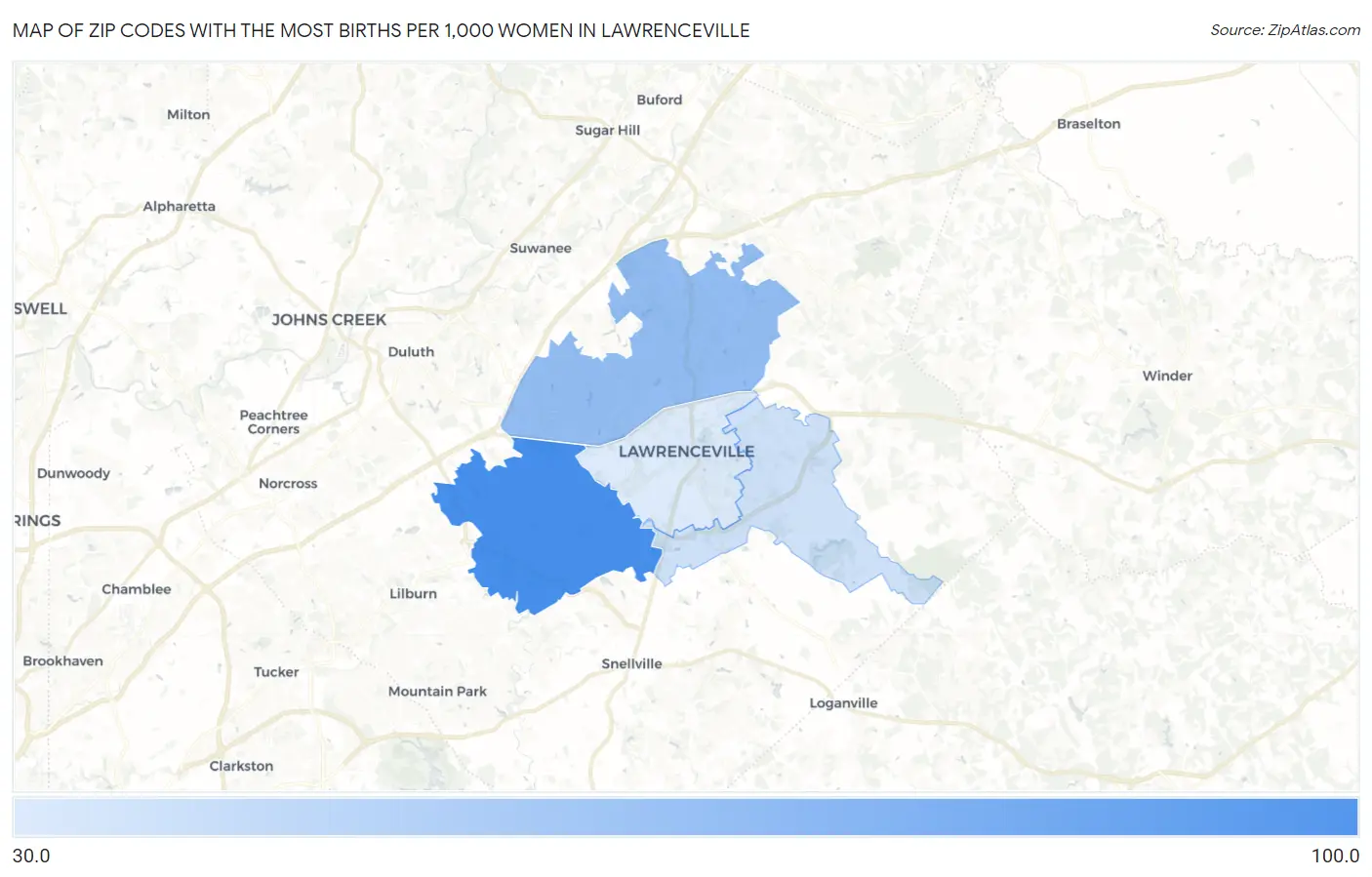Zip Codes with the Most Births per 1,000 Women in Lawrenceville Map