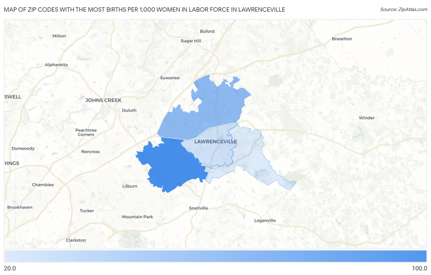 Zip Codes with the Most Births per 1,000 Women in Labor Force in Lawrenceville Map