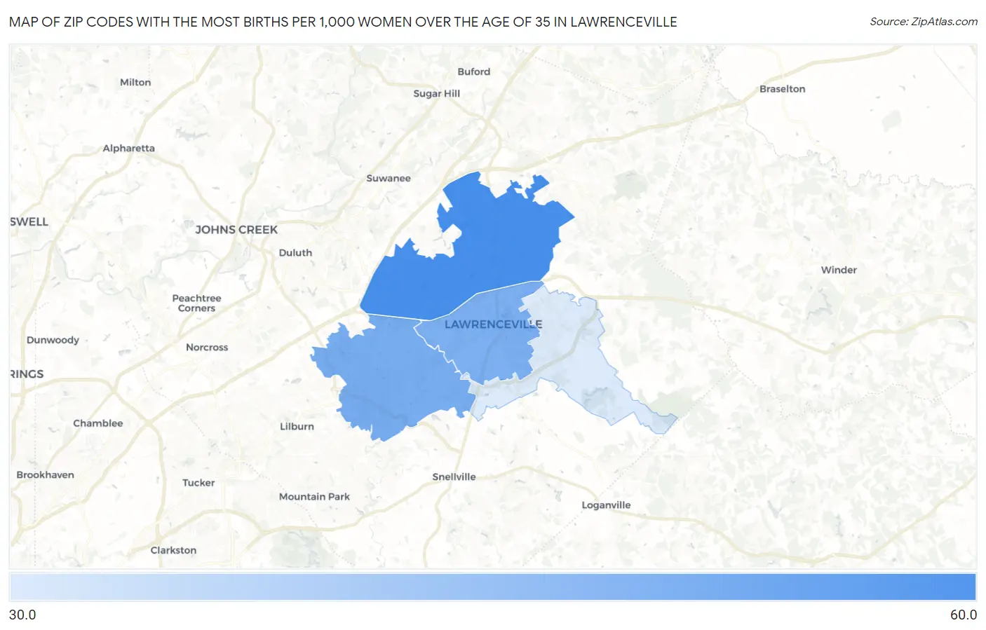 Zip Codes with the Most Births per 1,000 Women Over the Age of 35 in Lawrenceville Map
