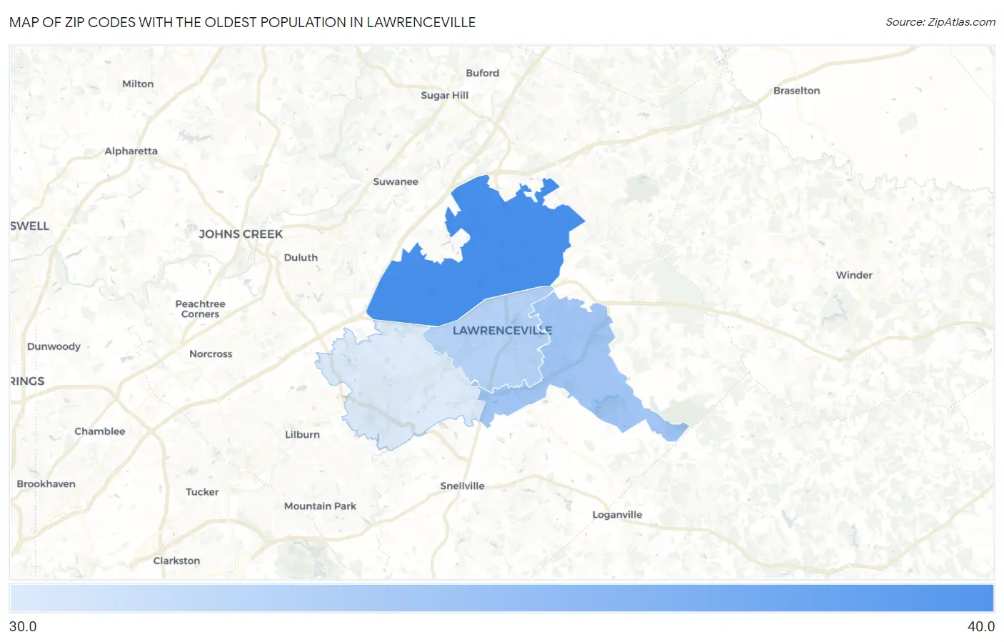 Zip Codes with the Oldest Population in Lawrenceville Map