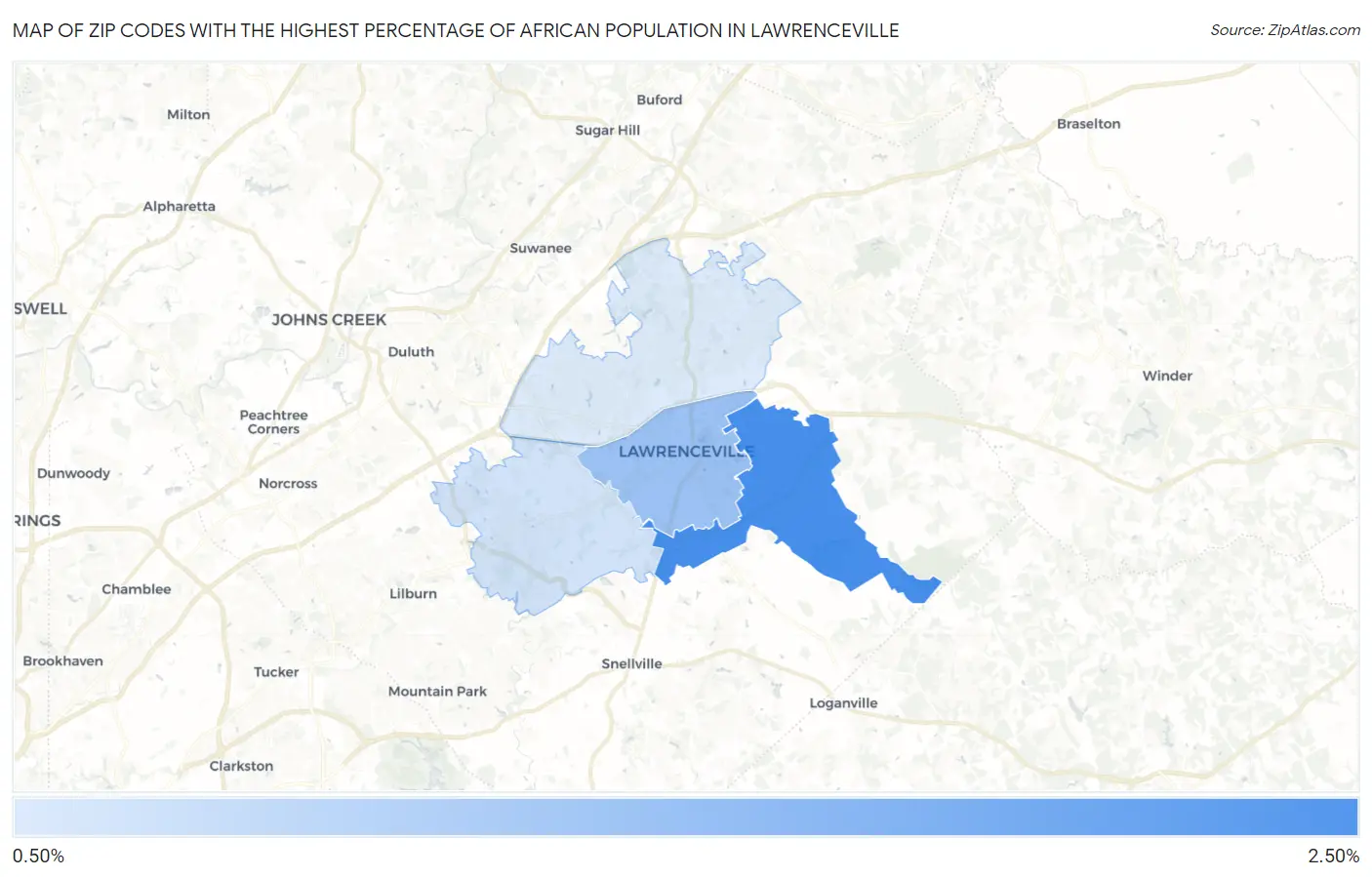 Zip Codes with the Highest Percentage of African Population in Lawrenceville Map