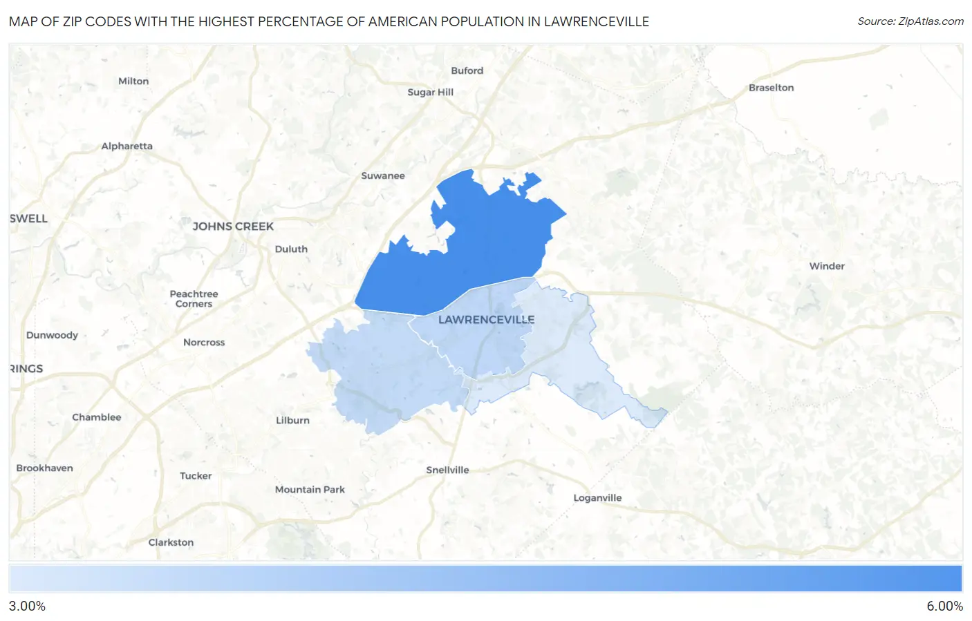 Zip Codes with the Highest Percentage of American Population in Lawrenceville Map