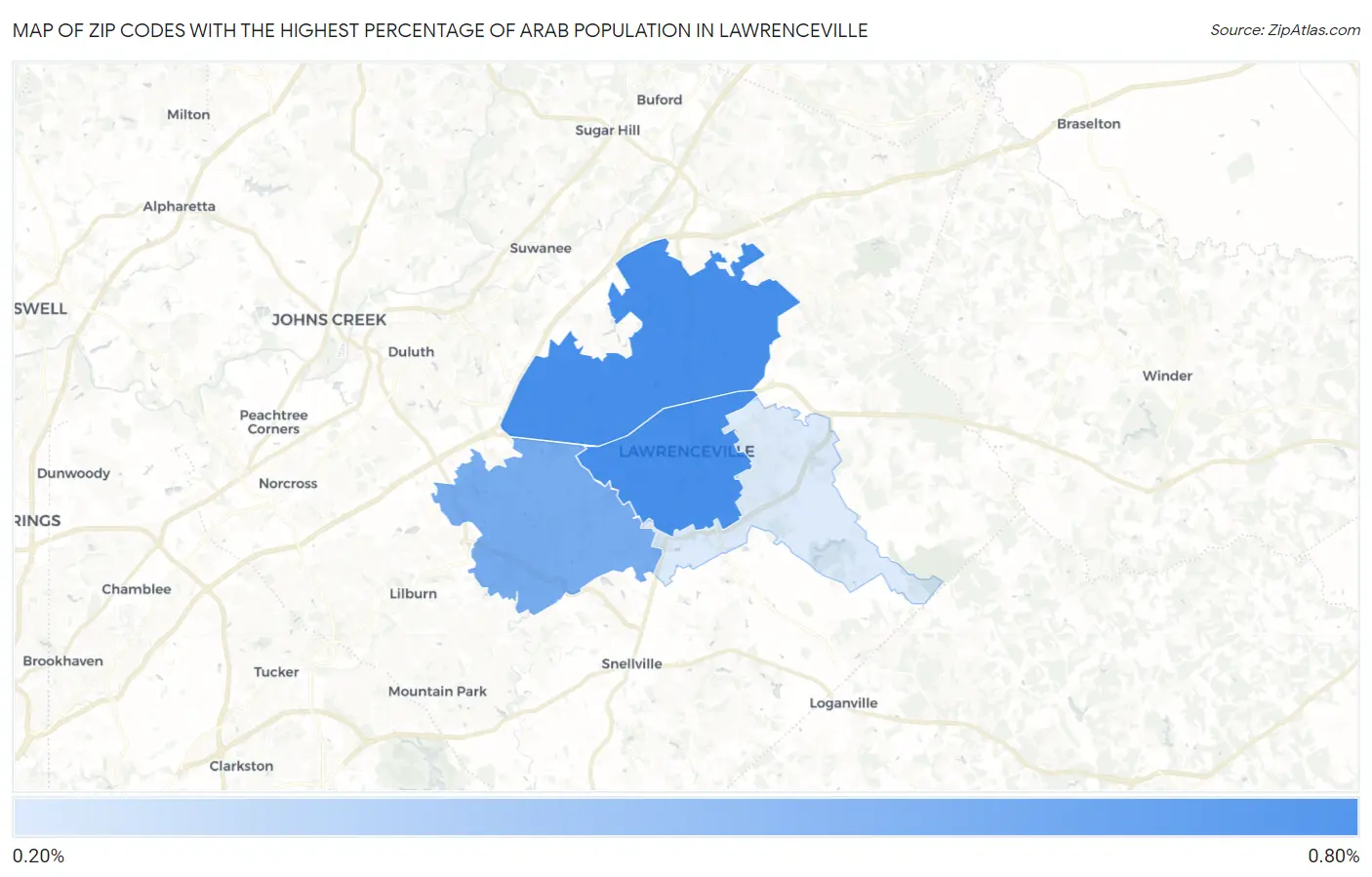 Zip Codes with the Highest Percentage of Arab Population in Lawrenceville Map