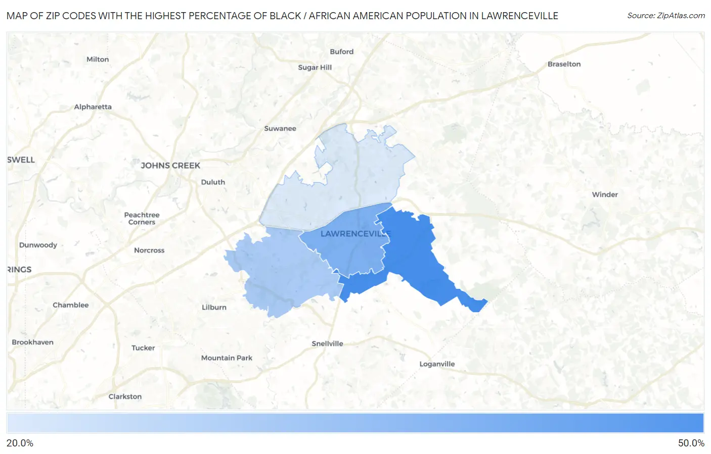 Zip Codes with the Highest Percentage of Black / African American Population in Lawrenceville Map