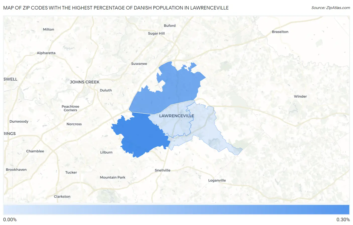 Zip Codes with the Highest Percentage of Danish Population in Lawrenceville Map