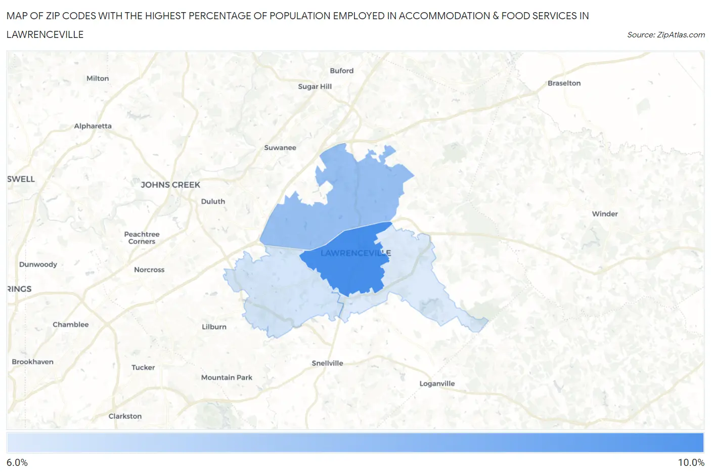 Zip Codes with the Highest Percentage of Population Employed in Accommodation & Food Services in Lawrenceville Map