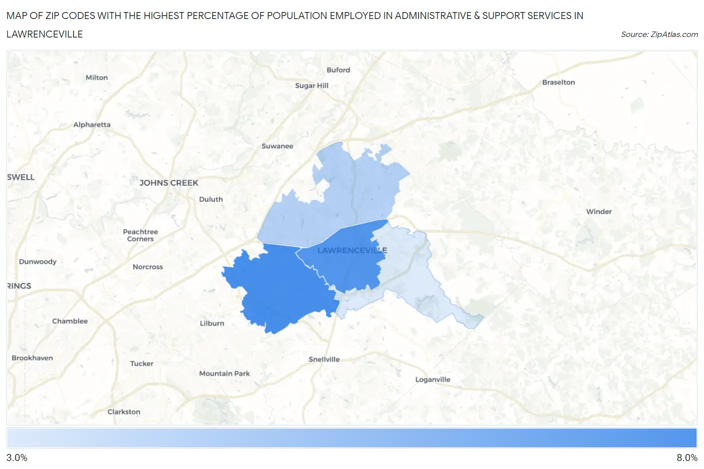 Zip Codes with the Highest Percentage of Population Employed in Administrative & Support Services in Lawrenceville Map