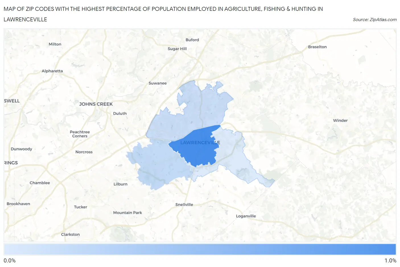 Zip Codes with the Highest Percentage of Population Employed in Agriculture, Fishing & Hunting in Lawrenceville Map