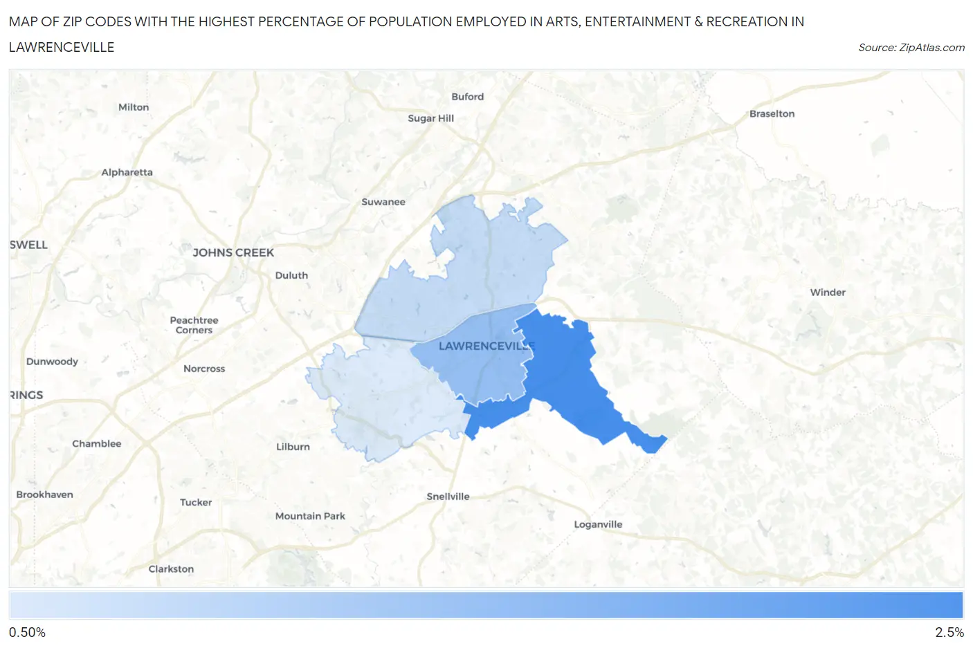 Zip Codes with the Highest Percentage of Population Employed in Arts, Entertainment & Recreation in Lawrenceville Map