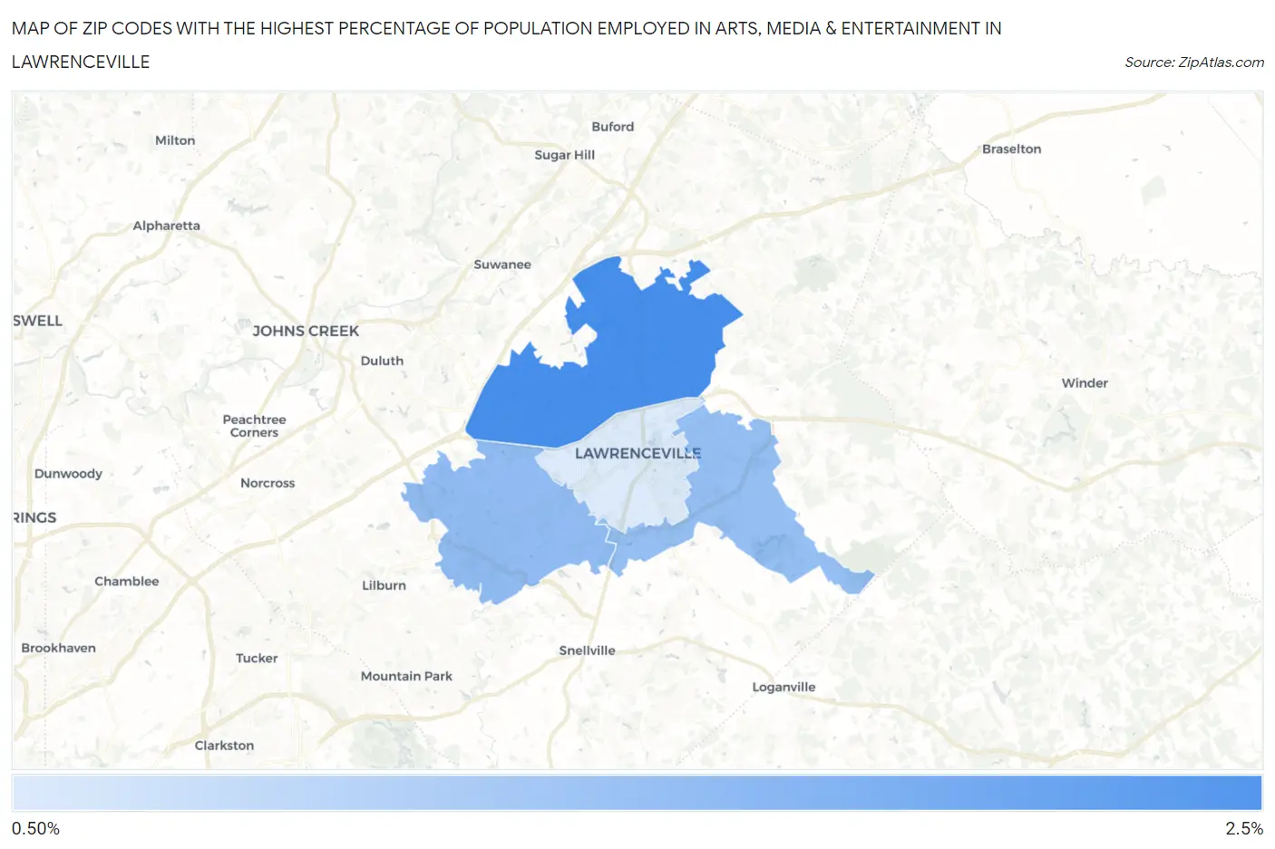 Zip Codes with the Highest Percentage of Population Employed in Arts, Media & Entertainment in Lawrenceville Map