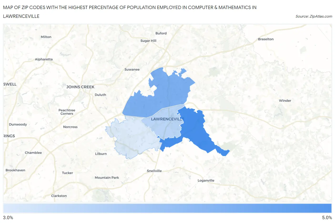 Zip Codes with the Highest Percentage of Population Employed in Computer & Mathematics in Lawrenceville Map